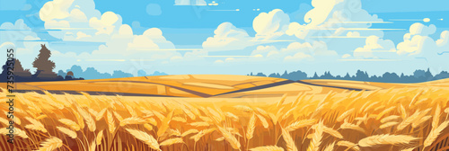 Sunny day rural countryside landscape with wheat fields  panorama vector illustration  agriculture scene