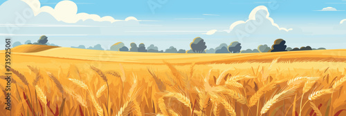 Sunny day rural countryside landscape with wheat fields  panorama vector illustration  agriculture scene
