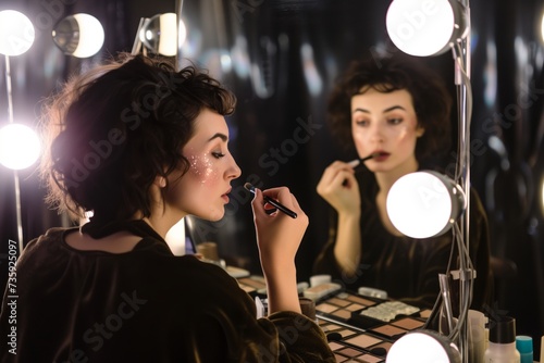 actress applies makeup at dressing room mirror