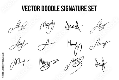 Handwritten fake signature set. Collection of vector fictitious autograph doodles on M letter. Scrawl lettering for business, signing of documents, certificates and contracts.