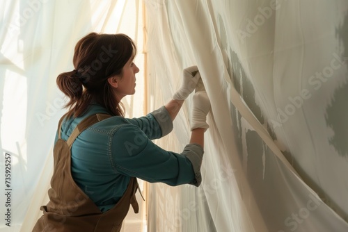 decorator evaluates drapery fabric against walls