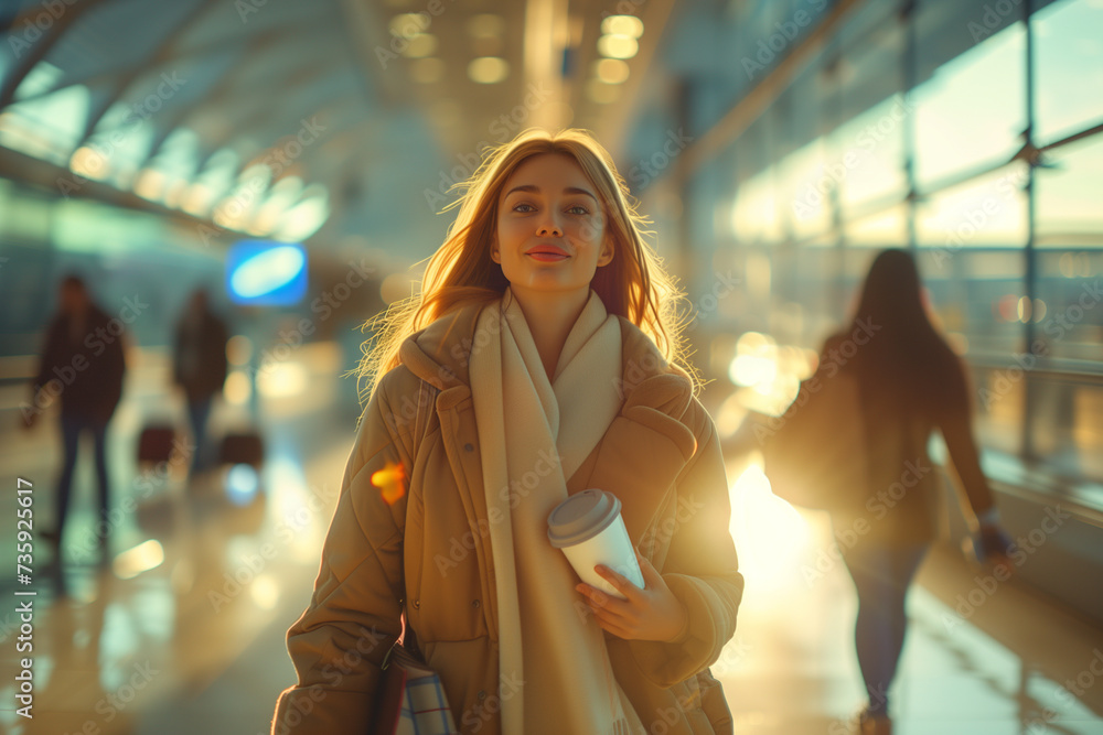 A contemplative young woman holding a coffee cup against the backdrop of a glowing sunset in a bustling airport terminal. A contemplative young woman holding a coffee cup against the backdrop of a glowing sunset in a bustling airport terminal.