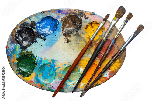Colorful Painted Artists Palette with Brushes Isolated on Transparent Background