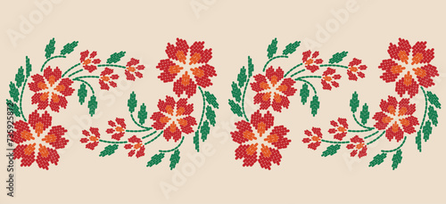 Beautiful Pattern Embroidery floral, leaves and branches pattern design, hem, skirt, adorning sleeves flower embroidery. beautiful border floral embroidery. Ethnic flower pattern.