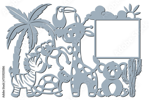 zebra, turtle, giraffe, monkey, toucan, koala, cactus, palm tree, clouds, sun. Vector template, For laser plotter cutting, for baby decor. © Natalia