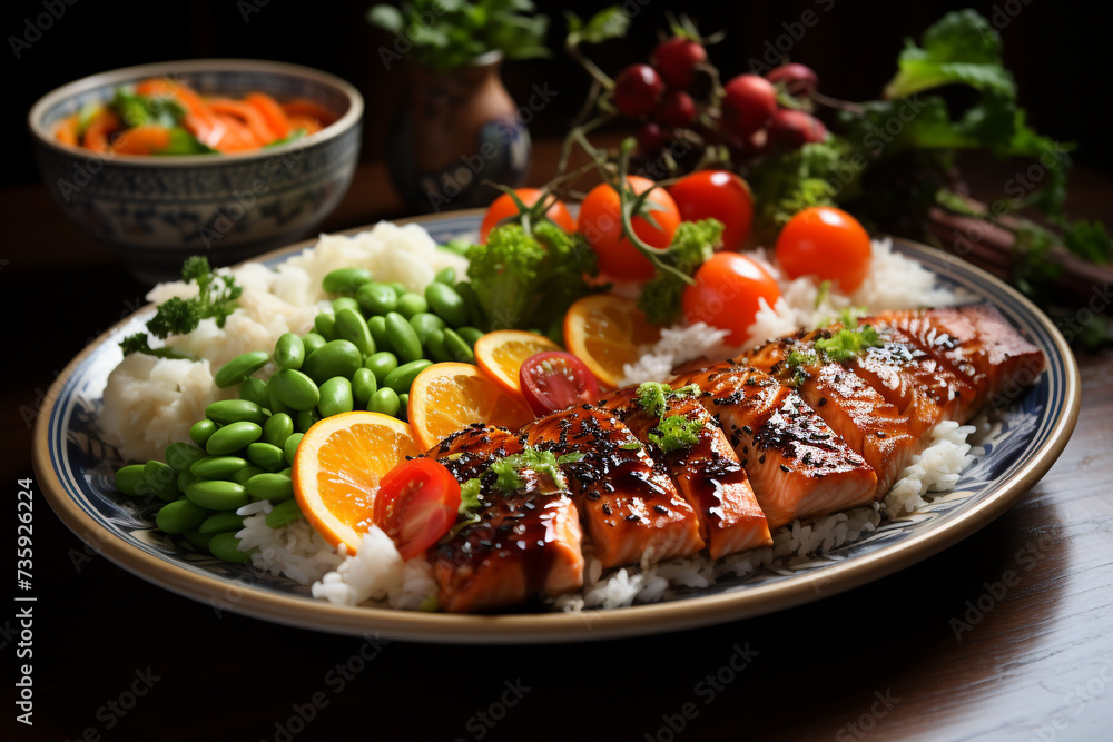 salmon steak and vegetable salad, on table. salmon steak and vegetable salad, on table.