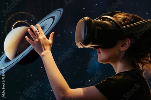 person using vr headset reaching out to virtual saturn