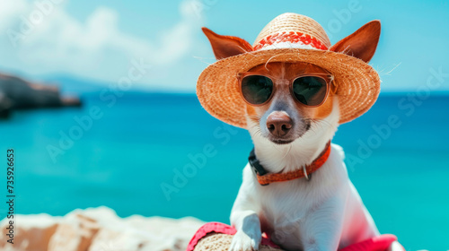 beautiful dog the sand at the beach sea on summer vacation holidays, wearing sunglasses. The concept of a summer holiday by the sea. Copy space. © Nataliia_Trushchenko