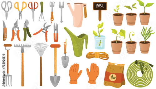 Gardening items big set in hand drawn style. Agricultural and garden tools for spring work. Farm or planting equipment with plants, seeds, bucket, seedling, pots, gloves. Vector isolated on white photo