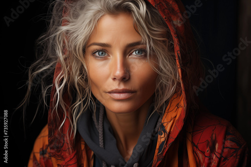 portrait of woman with hood looking at camera, dark background