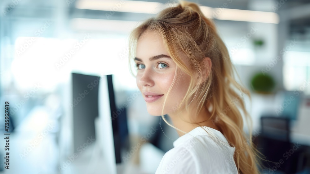 A young white women looking on the monitor and working with smile on her face in workplace. Generative AI. A young white women looking on the monitor and working with smile on her face in workplace. Generative AI.
