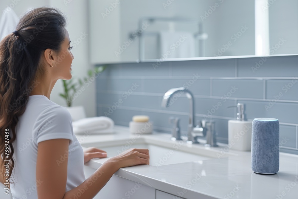 woman in a bathroom listening to news from a waterproof smart speaker by the sink