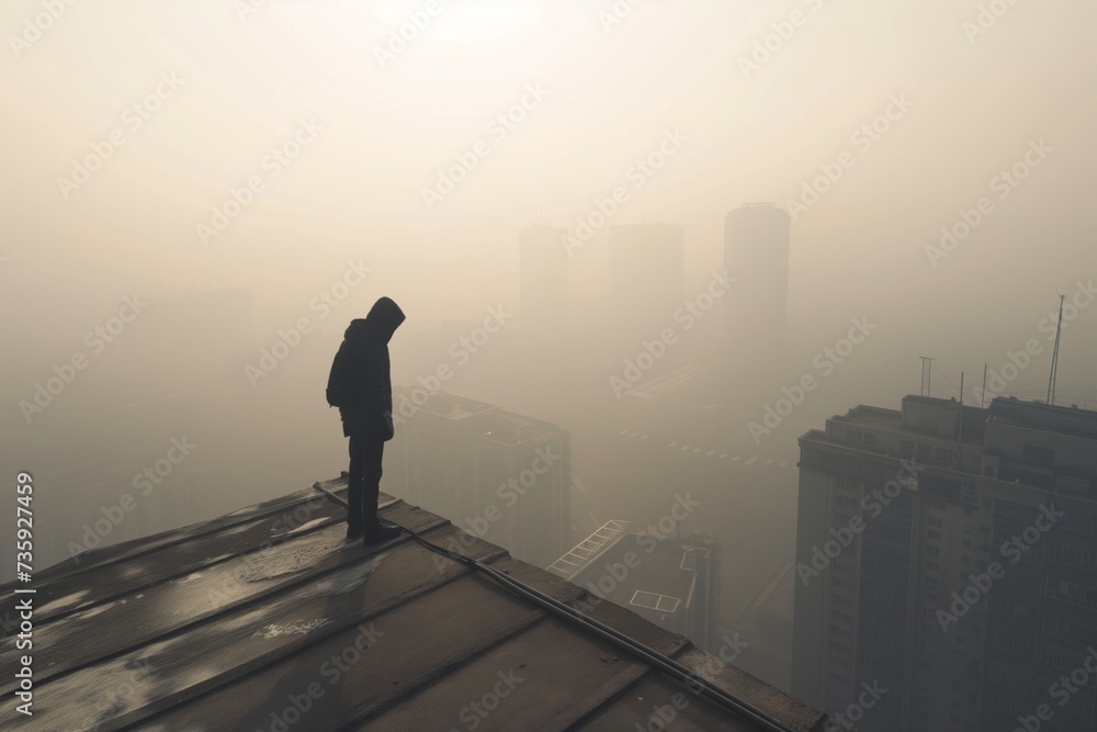 rooftopper surveying a blanket of urban smog rooftopper surveying a blanket of urban smog