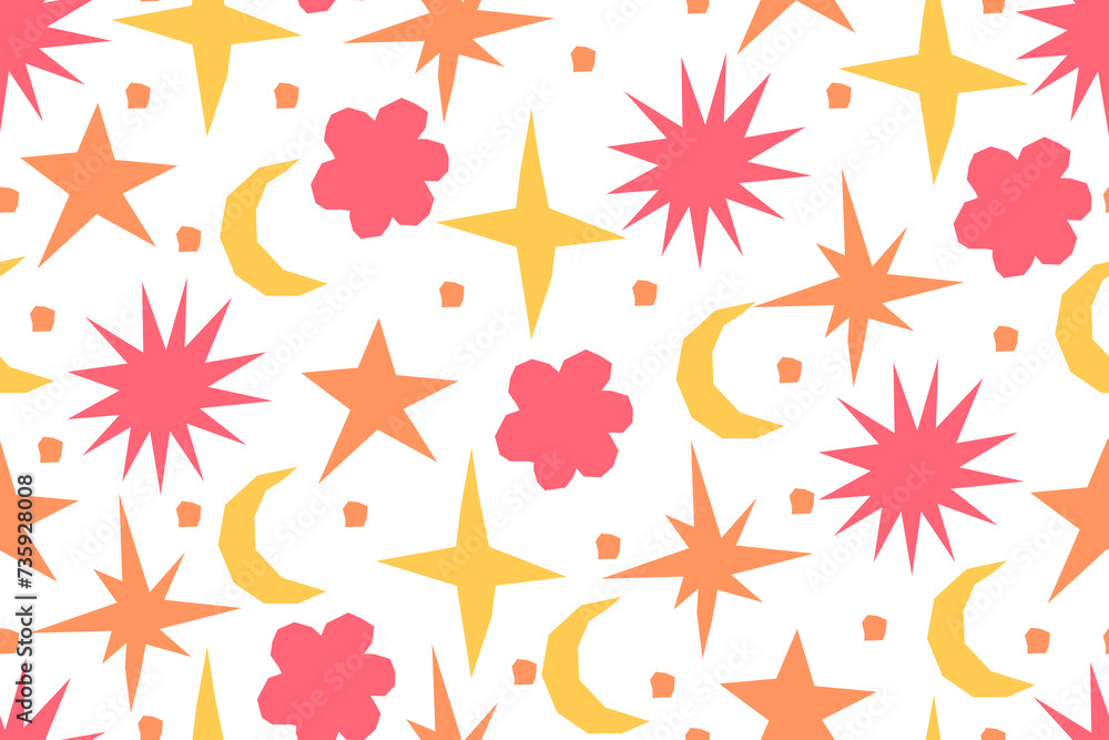 Seamless pattern with abstract cut out elements on a white background. Colorful stars, flowers, moon in pink and yellow colors. Naive shapes cut out of paper. Vector illustration. Seamless pattern with abstract cut out elements on a white background. Colorful stars, flowers, moon in pink and yellow colors. Naive shapes cut out of paper. Vector illustration.