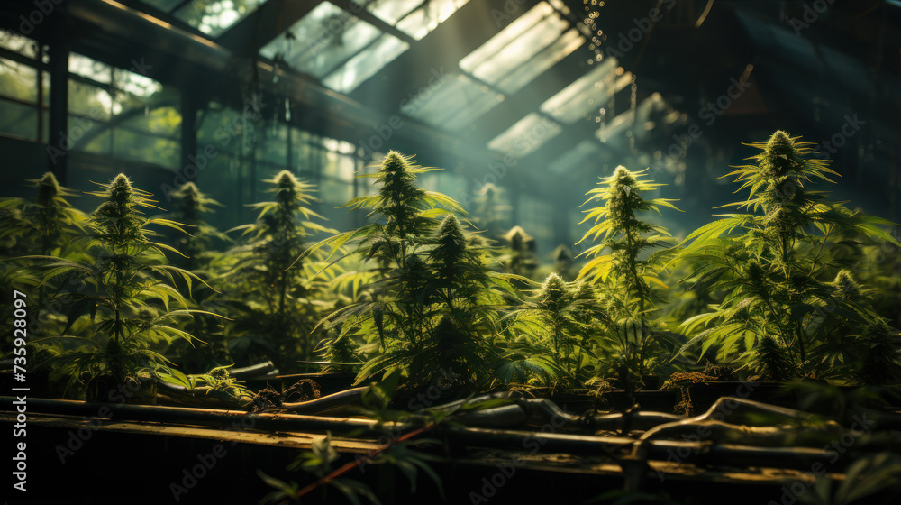 Marijuana plants and flowers are grown in greenhouses.