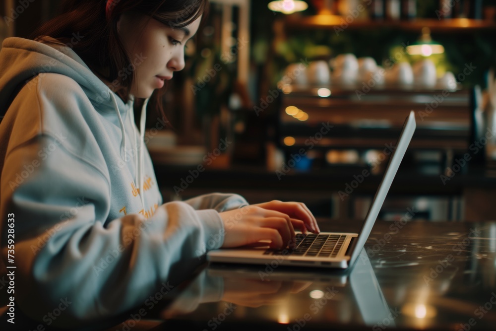 woman in a sweatshirt typing on a laptop in a coffee shop woman in a sweatshirt typing on a laptop in a coffee shop
