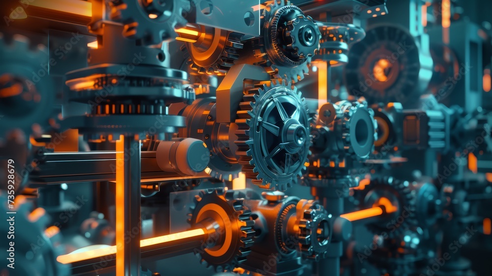 A close-up detail of machinery gears, showcasing industrial mechanics and precision engineering in manufacturing processes A close-up detail of machinery gears, showcasing industrial mechanics and precision engineering in manufacturing processes