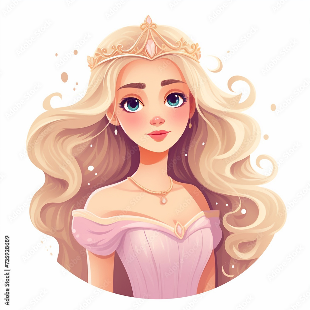 Enchanting princess portrait, fairy tale character wearing crown, pastel colors, isolated illustration in flat style	