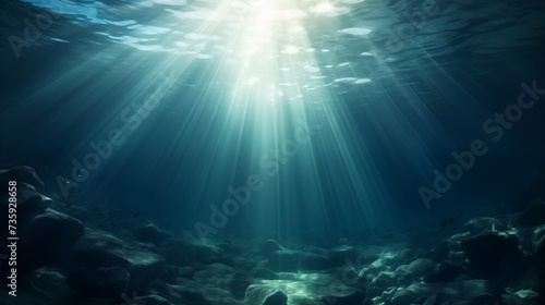 Underwater photo capturing rays of light penetrating through the water and illuminating the rocky seabed  creating a mesmerizing and serene underwater scene  perfect for marine-themed designs  diving 
