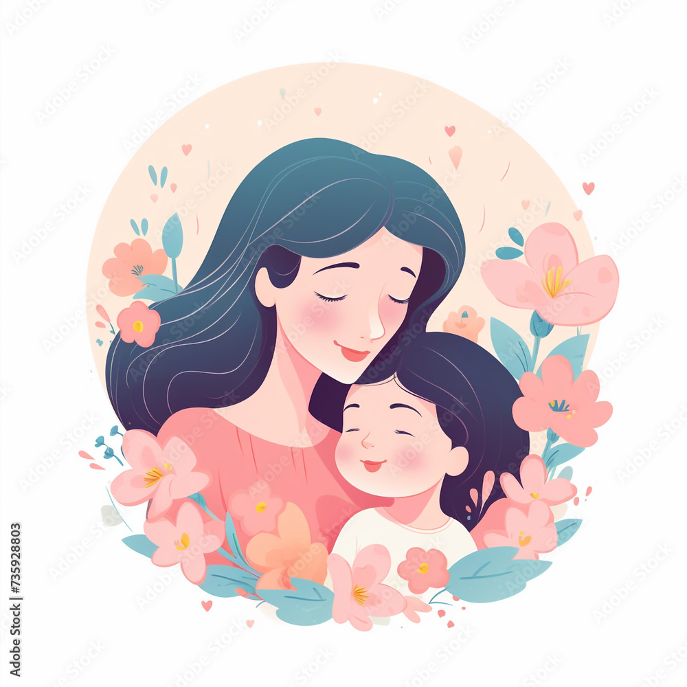 Mom hugging her child, Mother's day concept, beautiful woman and a baby. Isolated illustration in flat cartoon style Mom hugging her child, Mother's day concept, beautiful woman and a baby. Isolated illustration in flat cartoon style