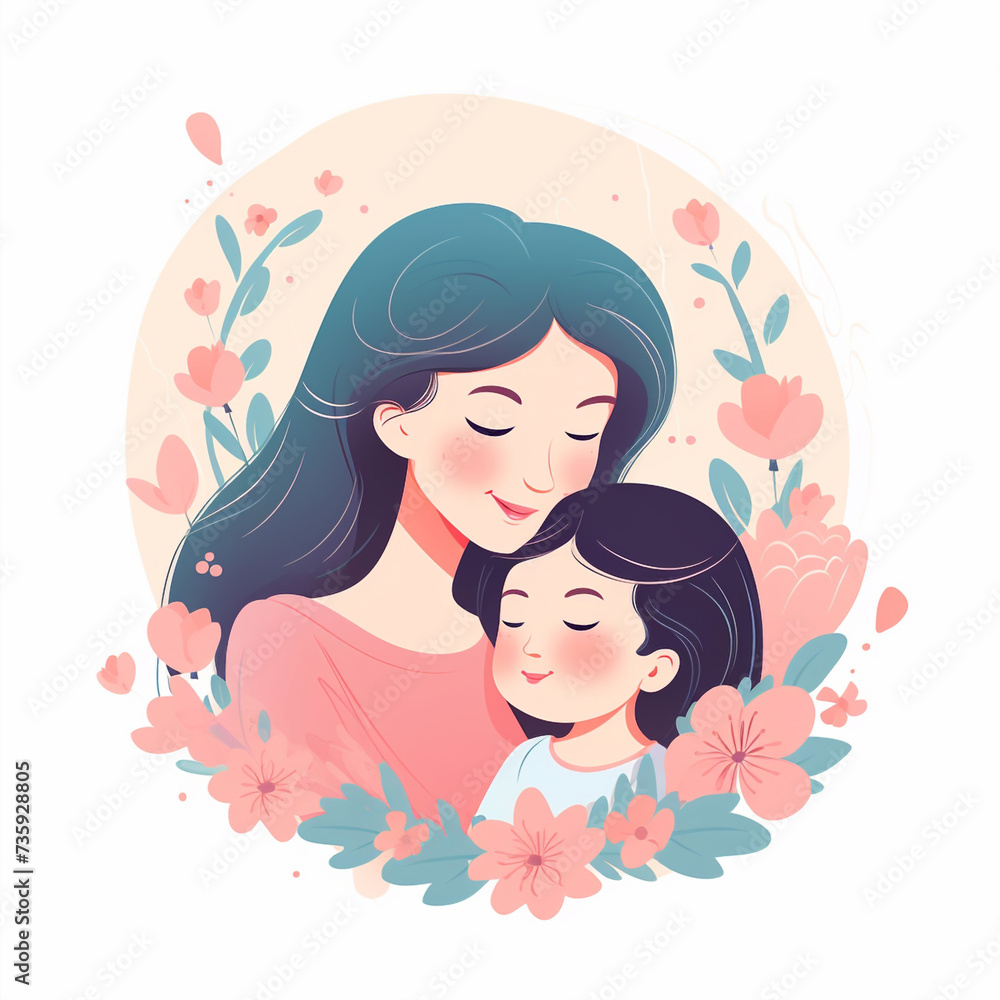 Mom hugging her child, Mother's day concept, beautiful woman and a baby. Isolated illustration in flat cartoon style Mom hugging her child, Mother's day concept, beautiful woman and a baby. Isolated illustration in flat cartoon style