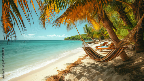 Hammocks strung between swaying palm trees, colorful drinks on a table, and a book lying open on the sand.  photo