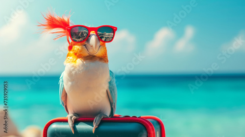 bird with funny sunglasses at boulders beach. bird wearing sun glasses and straw hat with sea and palm trees in background. happy bird resting on a beach on summer vacation photo