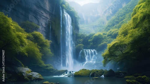 A mysterious valley  beautiful waterfall. Generative AI.
