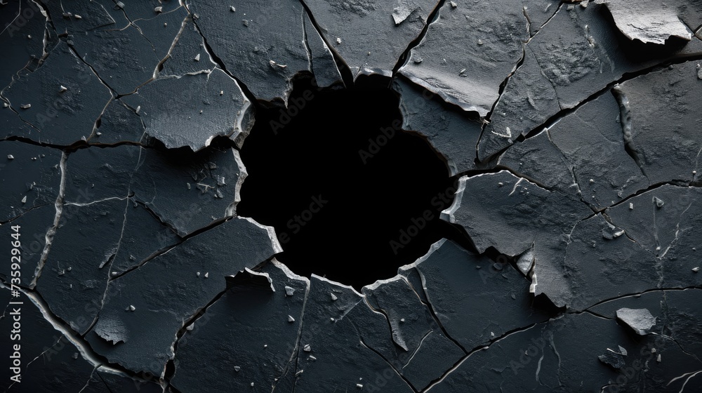 Hole with cracks in the wall, damaged and broken texture surface background or banner - obrazy, fototapety, plakaty 