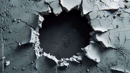 Hole with cracks in the wall, damaged and broken texture surface background or banner