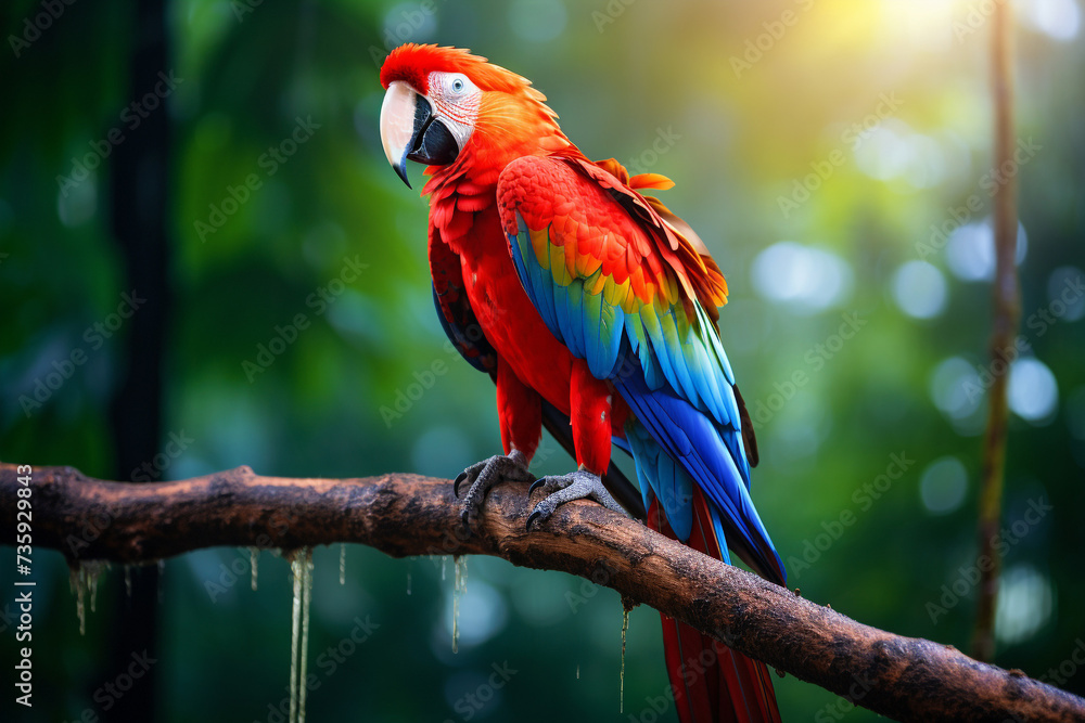 Scarlet macaw, parrot in the forest on nature green forest background.