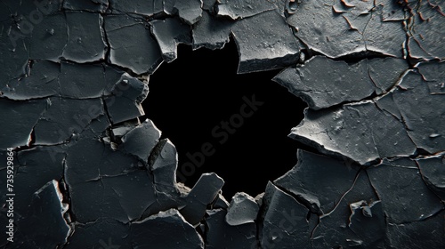 Hole with cracks in the wall, damaged and broken texture surface background or banner