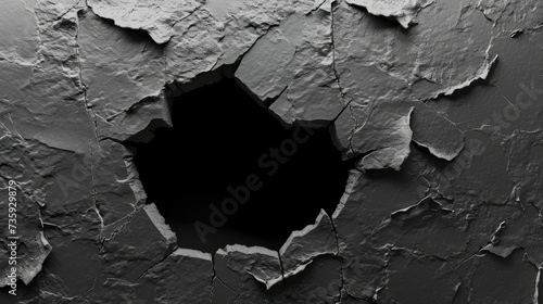 Hole with cracks in the wall, damaged and broken texture surface background or banner