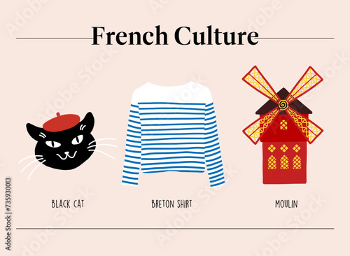 French culture such as black cat, striped Breton shirt and the moulin rouge