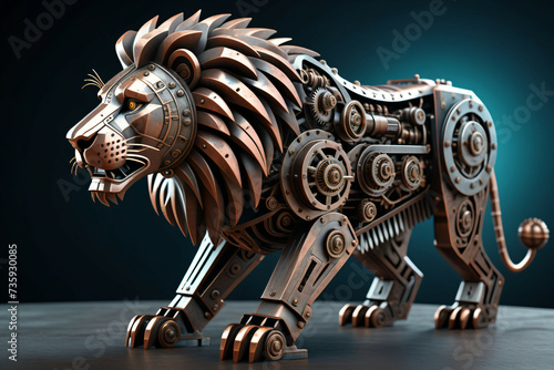 Mechanical bronze lion figurine. Digital illustration. © eestingnef