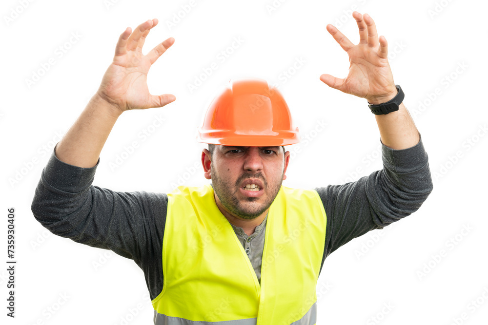 Constructor man making angry gesture with hands and expression Constructor man making angry gesture with hands and expression