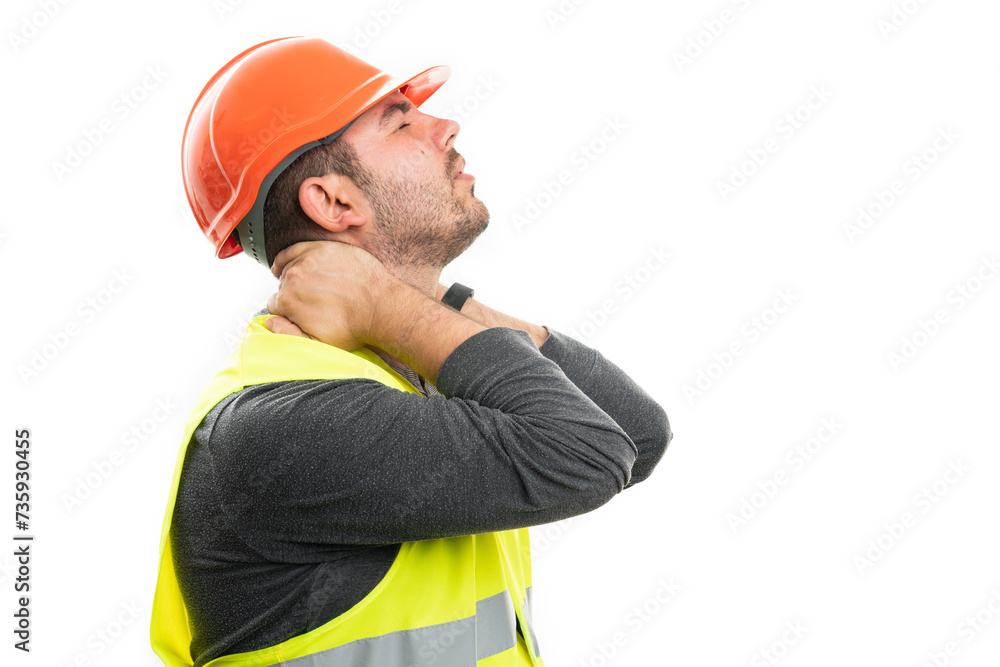 Builder in pain touching hurting back of neck in work attire