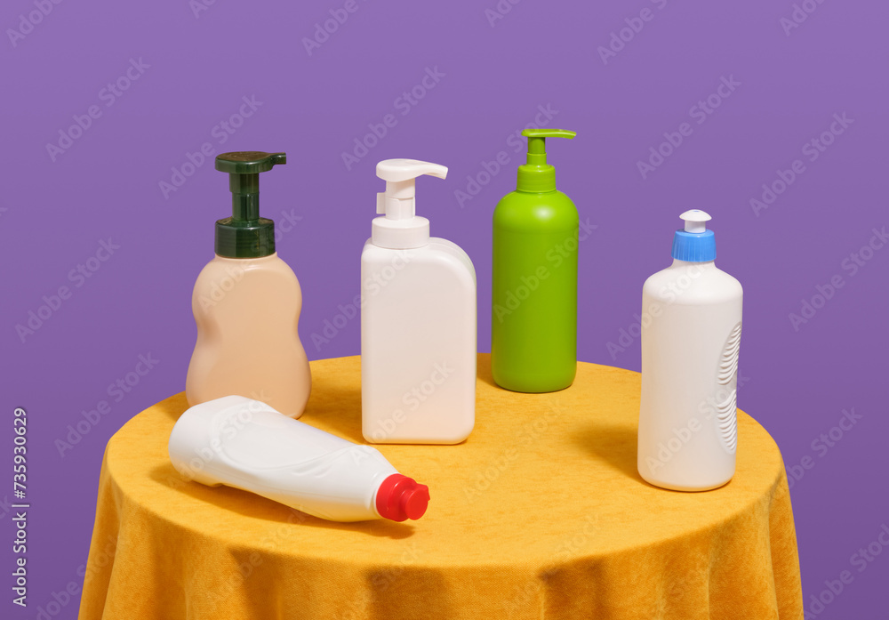 Colorful dish detergent dispensers. Cleaning dishes. Colorful dish detergent dispensers. Cleaning dishes.