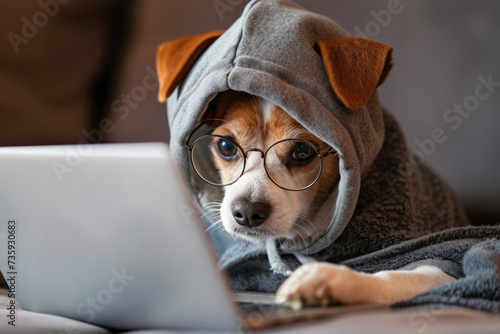 smart concentrated dog is working on project online. Using computer laptop. Pet wearing glasses and hoodie. Freelancer work from home during quarantine Social distancing lifestyle. © Nataliia_Trushchenko