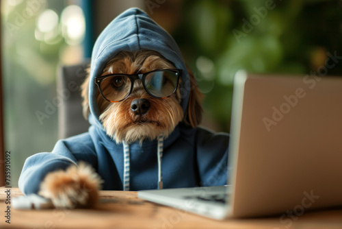 smart concentrated dog is working on project online. Using computer laptop. Pet wearing glasses and hoodie. Freelancer work from home during quarantine Social distancing lifestyle.