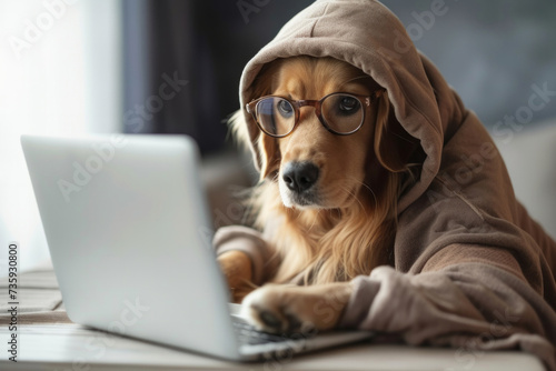 smart concentrated dog is working on project online. Using computer laptop. Pet wearing glasses and hoodie. Freelancer work from home during quarantine Social distancing lifestyle.