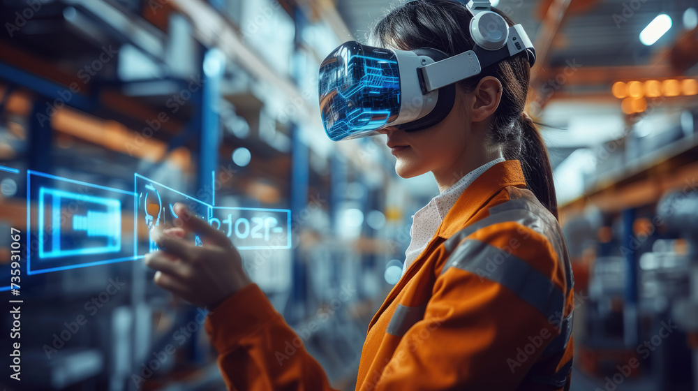 Engineer use augmented mixed virtual reality to education and training, repairs and maintenance, sales, product and site design. Generative AI. - obrazy, fototapety, plakaty 