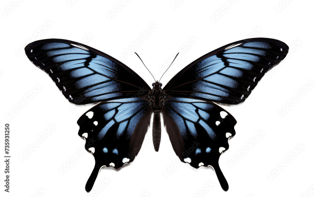 Fototapeta premium Blue and Black Butterfly. A blue and black butterfly stands on a Transparent background, displaying its vibrant colors.