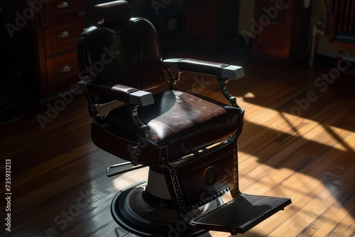 early morning sunbeam on an empty dark brown leather barber chair