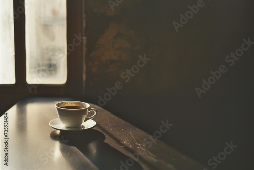 One cup of coffee on a wooden table