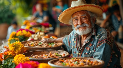 Mexican food is served at a festive dinner table by an authentic Mexican family as they celebrate Cinco de Mayo.