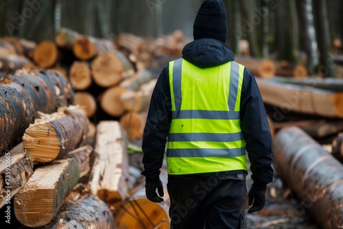 lumberjack with reflective vest walking among logs