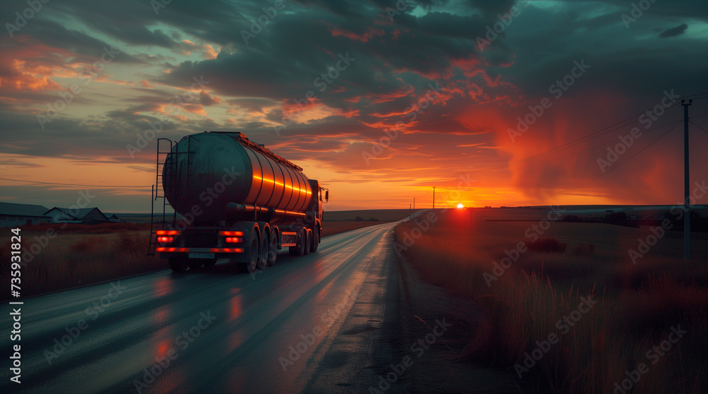 A sunset lit countryside road with a moving large fuel tanker truck