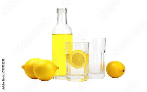 Bottle of Lemon Juice Next to a Glass of Lemonade. A bottle of lemon juice is placed next to a glass filled with refreshing lemonade, showcasing the main ingredients used to make the drink.