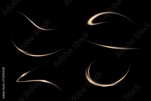 Vector png background with gold glowing lines. Gold glowing lines of speed. Light glow effect. Light trail wave, fire trail line and glow curve swirl.